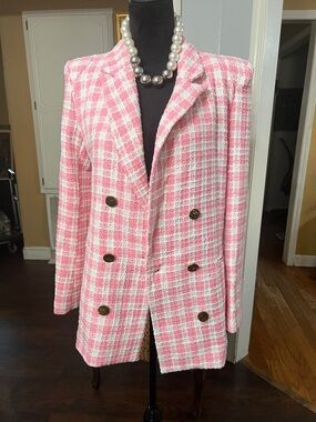 Showpo Pink and White Tweed Double-Breasted Blazer